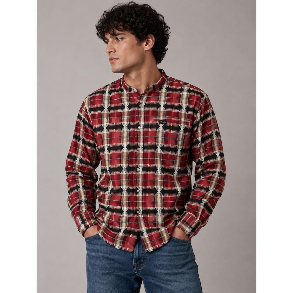 Wrangler Western Band Collar Plaid Shirt‎ Mens Large Red Black Southwestern L